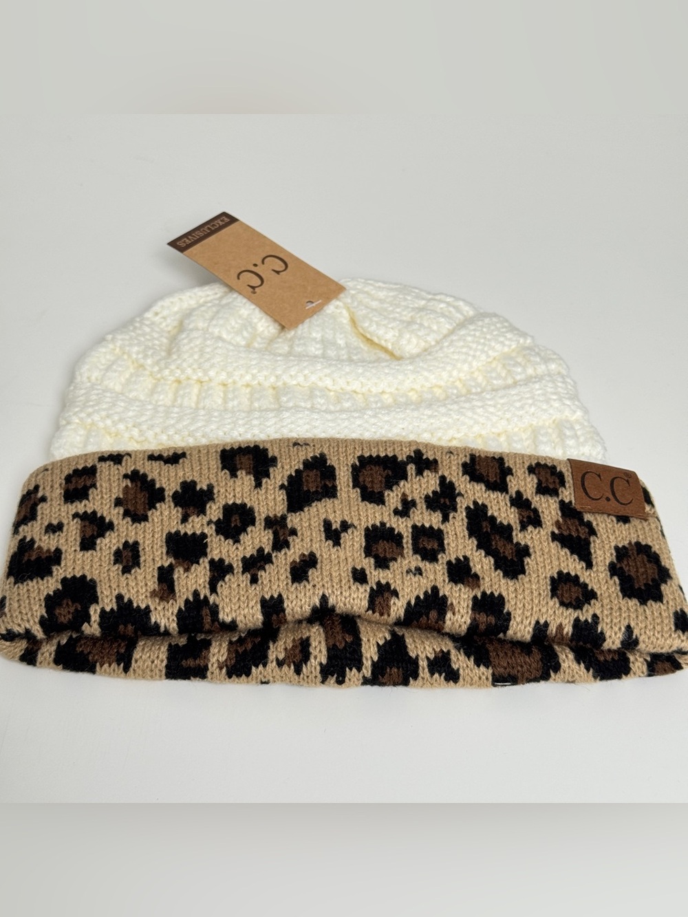 C.C Exclusives Ivory Cable Knit Beanie Leopard Print Cuff Winter Hat NWT